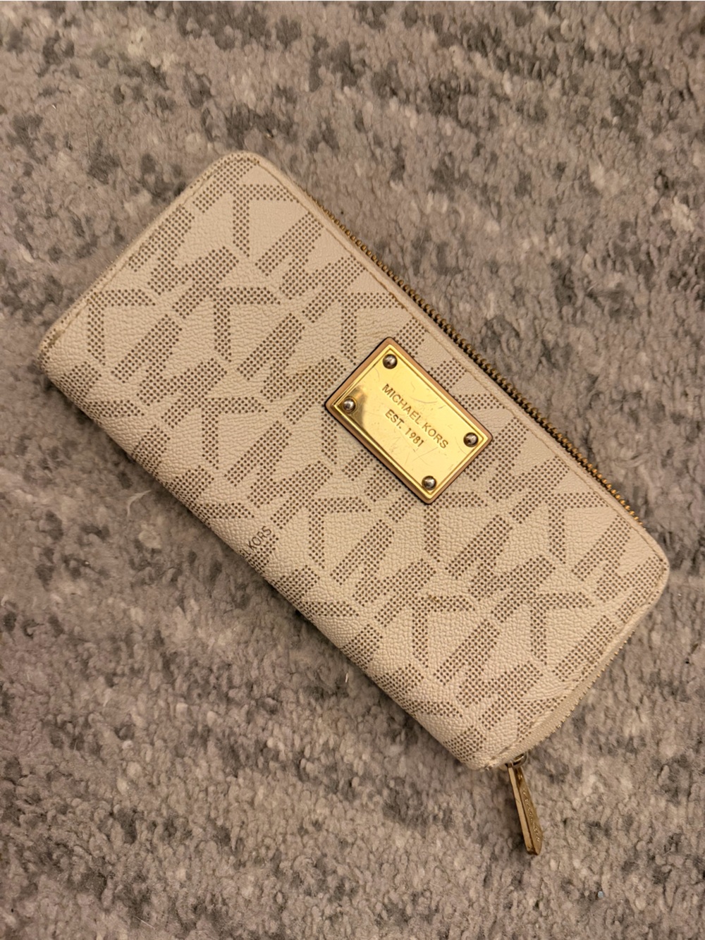Michael Kors Cream Logo Zip-Around Continental Wallet with Gold Plate
